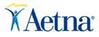 The image features a logo with text reading  AETNA  on a background that includes shades of blue and yellow, along with a stylized graphic resembling a leaf or an abstract design element.