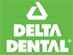 The image features a logo with the text  DELTA DENTAL  accompanied by a stylized graphic resembling a toothbrush and a dental crown, set against a green background with white and yellow accents.