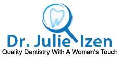 The image shows a logo with the text  Dr. Juliezen  below a stylized icon resembling a toothbrush, and above the name, there s a magnifying glass with a blue circular pattern around it.