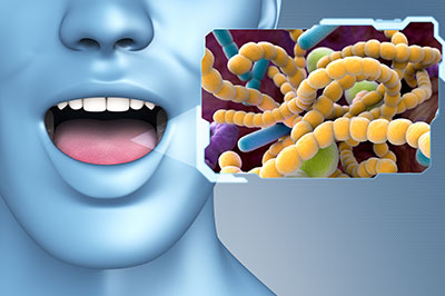 The image features a 3D rendering of a human mouth with an open jaw, displaying teeth and tongue, next to a graphic representation of a virus or bacteria with a blue hue, suggesting a focus on oral health or dental care in relation to viruses or bacteria.