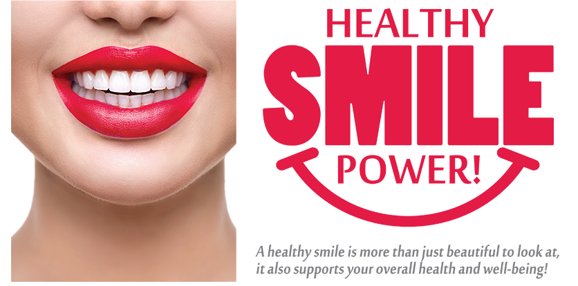 The image features a close-up of a person s face with red lipstick, showcasing a smile, against a white background. The text overlay reads  HEALTHY SMILE POWER.